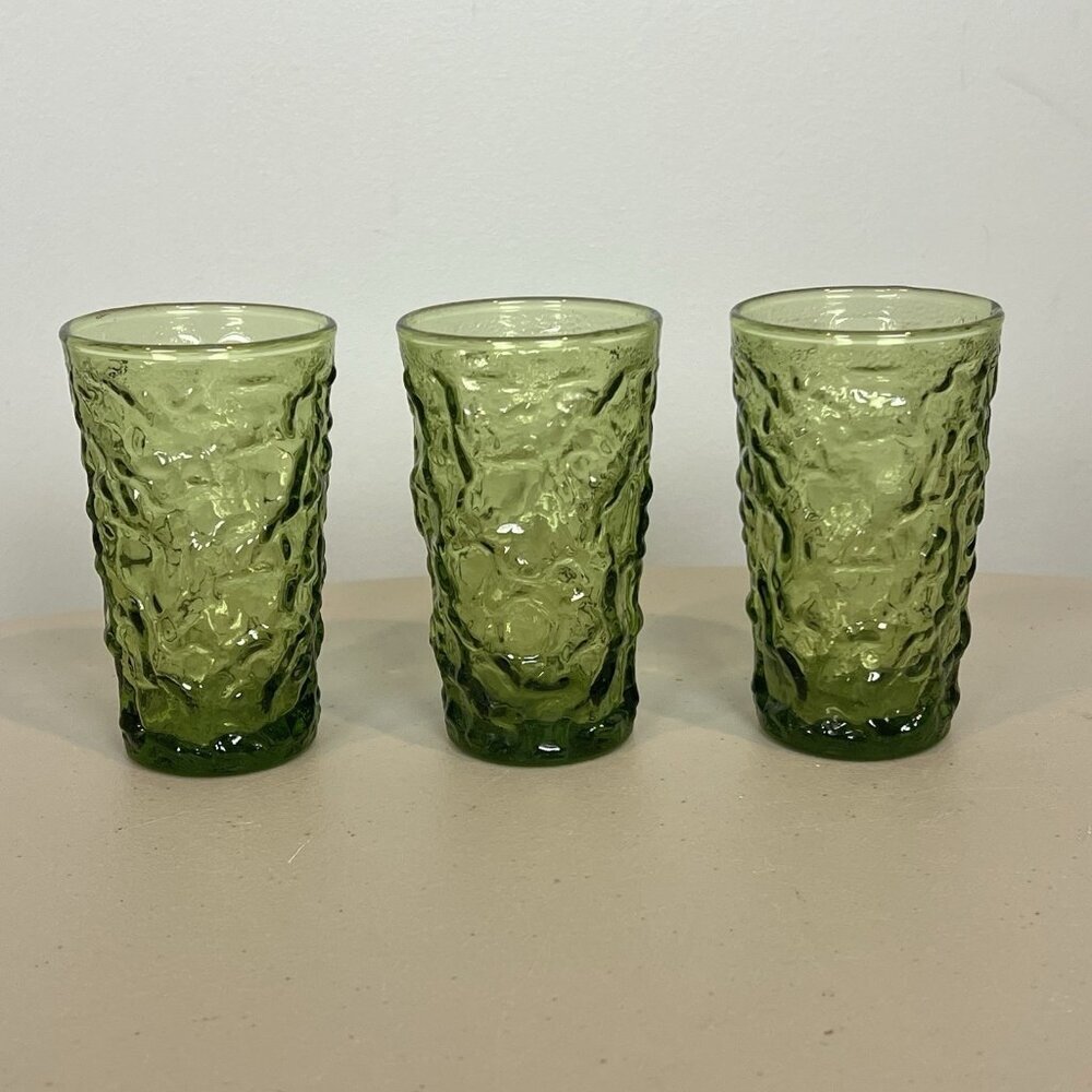 3 Vintage Anchor Hocking Lido Milano Small Juice Glasses Avocado Green 4”